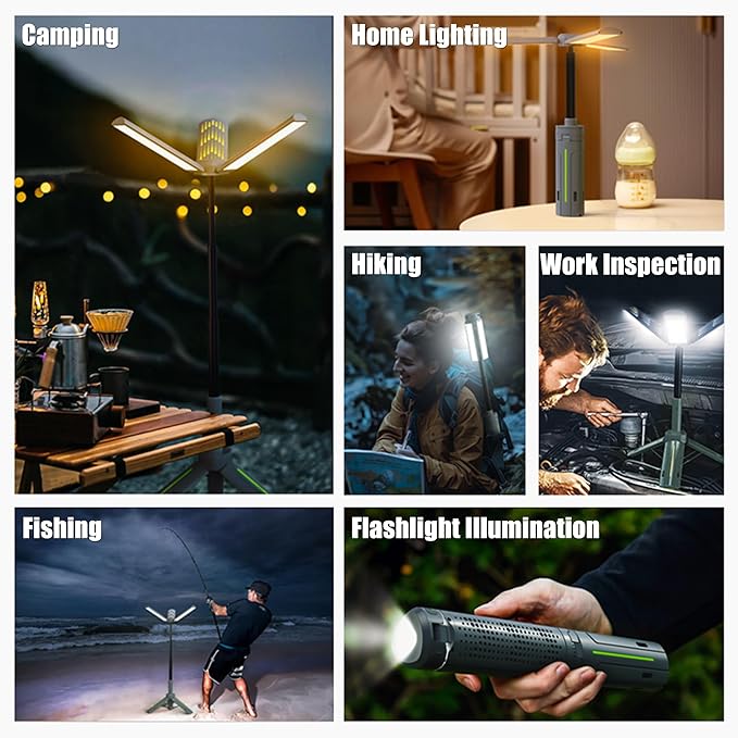 Rechargeable Camping Lights with Stand - Telescopic Cordless Work Lights with 3 LED Lamp Heads, Dimmable Emergency Tripod Flashlight, Portable Outdoor Lantern for Garage Power Outages Fishing