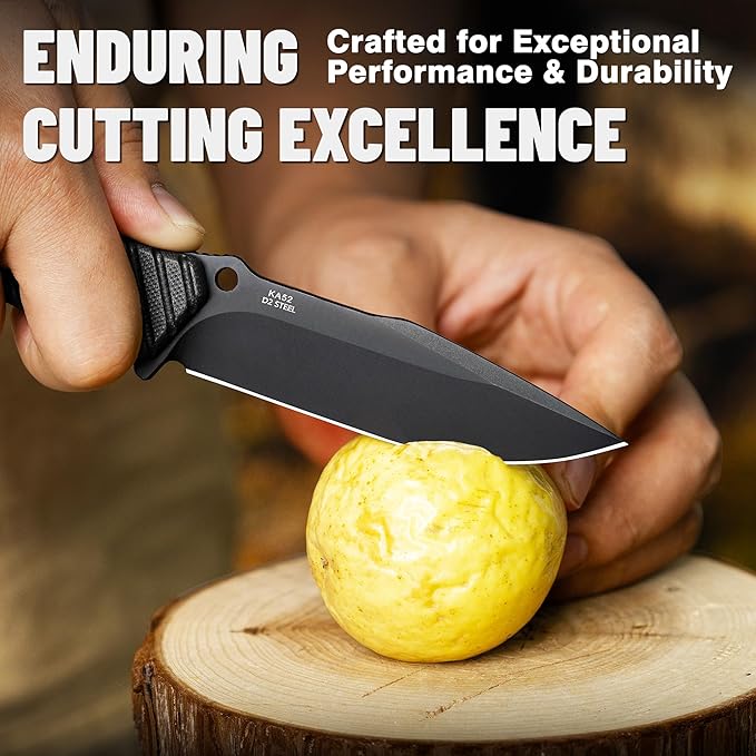 LOTHAR KA52 Fixed Blade Knife with Sheath, D2 Steel Survival Tactical Hunting Knife for Camping Bushcraft Outdoor, Vertical Horizontal Carry Cool Full Tang Knives, Survival Tactical Gear Christmas Valentine Gift for Men Women