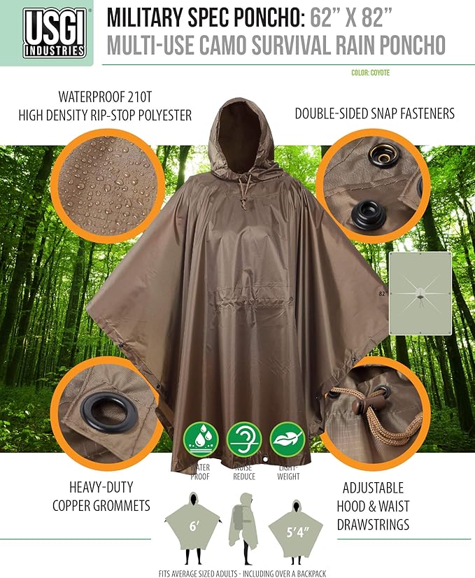 USGI Industries Military Style Poncho Multi Use Rip Stop Camouflage Rain Poncho