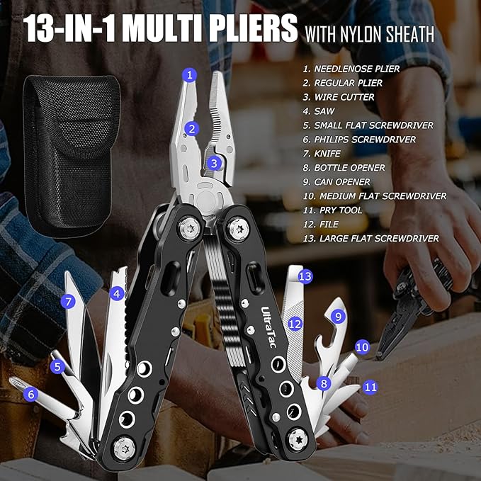 UltraTac Military Grade Multitool Gift Set for Men, Compact Survival Kit for Car Emergency, Birthday or Holiday Gift for Man, Pocket EDC Tools for Camping, Hiking & Quick Fixes - Stainless Steel