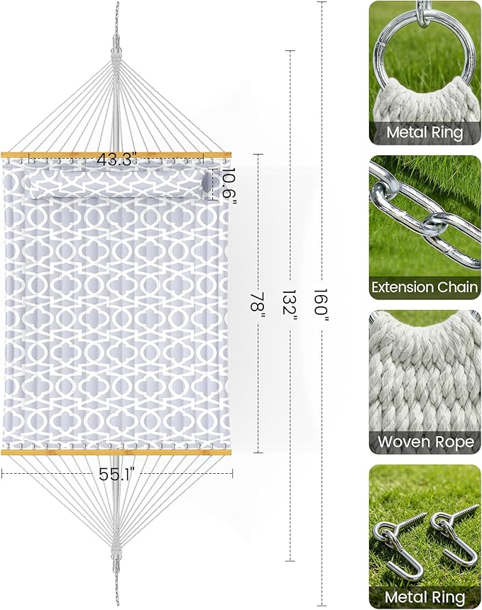 ANAGOO Double Quilted Outdoor Hammock for 2 Adults, 500lb Capacity Backyard & Camping Hammock with Pillow and Bamboo Spreader Bar, Fits 11–15ft Hammock Stands (Stand Not Included),Light Gray