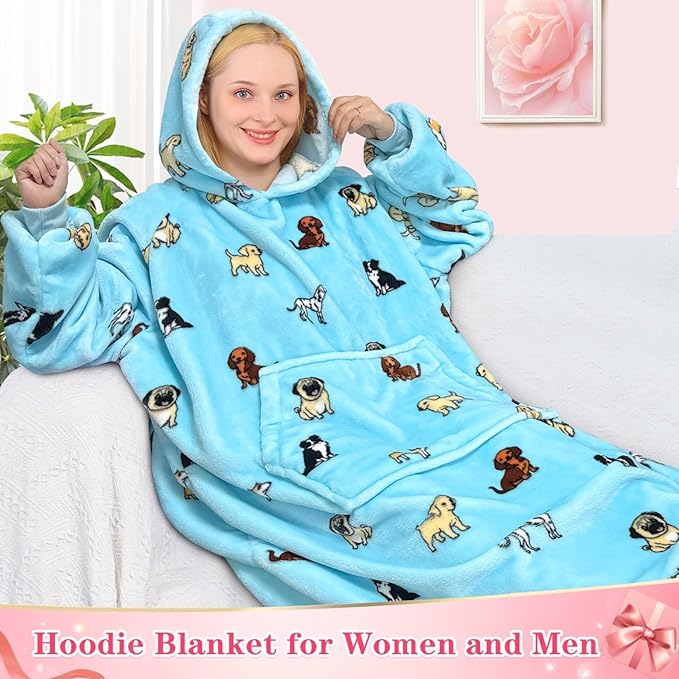 Waitu Wearable Blanket Sweatshirt Gifts for Women and Men, Warm and Cozy Giant Blanket Hoodie, Thick Flannel Blanket with Sleeves and Giant Pocket - Light Blue