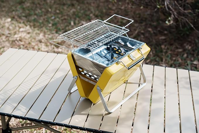 Ranger Portable Charcoal Grill – Compact Lunchbox‑Style Folding BBQ for Camping & Beach| Dual‑Zone Heating, Stainless Steel Body, 3-sec Setup, Includes Tong & Cleaning Brush, Serve 2-3 people