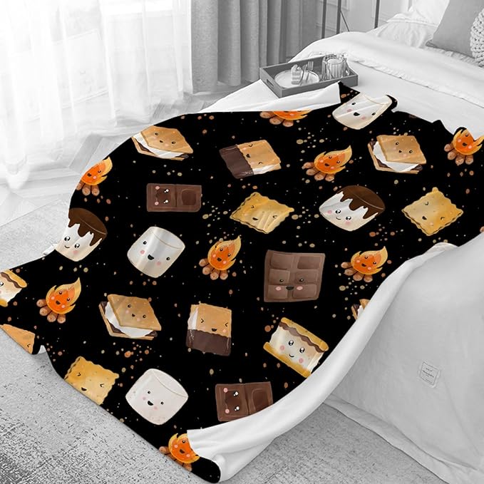 Cute S'Mores Blanket | Ultra Soft Marshmallow Cookie Throw Blanket Gifts for Boys Girls | Roasted Marshmallows Blanket Decor for Couch/Sofa/Travel/Camping All Seasons -50"x60"-Teens/Travel Size
