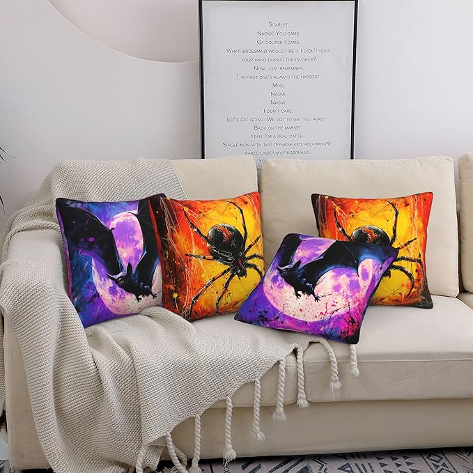 Halloween Bats Throw Pillow Covers 18 X 18 Inch Set of 4 Decorative Cushion Cover Home Decor for Sofa Chair Couch Bedroom Living Room