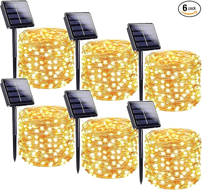 Solar String Lights Outdoor, 6 Pack Each 100 LED Solar Fairy Lights for Outside Waterproof Copper Wire with 8 Modes Solar Twinkle Lights for Garden Yard Tree Wedding Christmas Decor (Warm White)