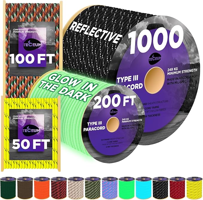 TECEUM Reflective Paracord Rope 1000 – 1000ft/200ft/100ft/50ft – 40+ Colors – Glow in The Dark – para Cord – Utility Rope for Survival, Hunting & Camping Gear – Nylon String, Camping Rope, Tent Cord