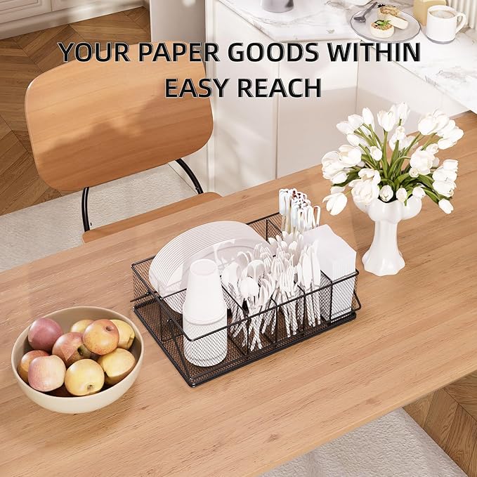 Paper Plate Organizer for Countertop, Metal Silverware Caddy with 6 Compartments for Cup, Napkin, Utensil Holder Caddy for Party, Camping, Picnic