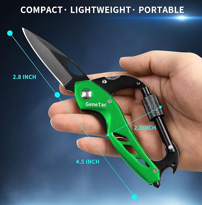 Multi-tool Carabiner with Pocket Knife, Bottle Opener, Window Breaker, Screwdrivers, EDC Tactical Survival Gear for Camping (Green)