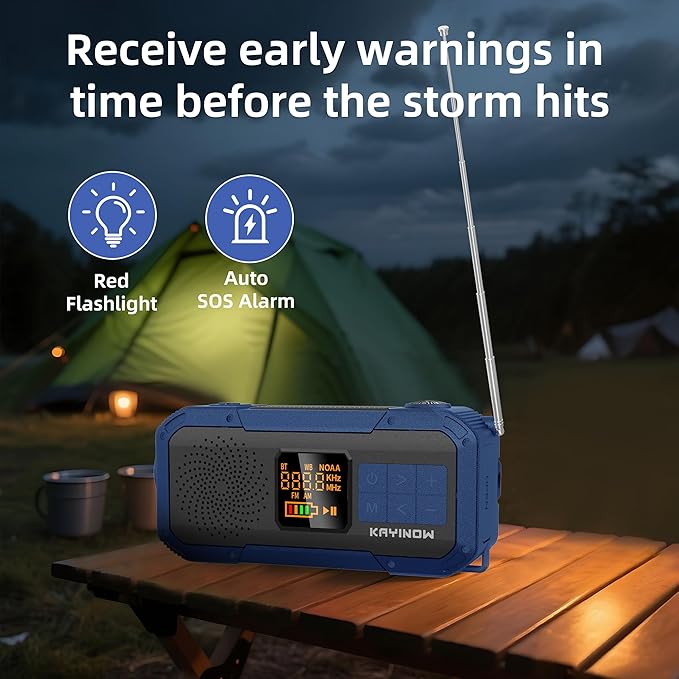 Hand Crank Emergency Radio with Bluetooth,AM/FM/NOAA,2000mAh Backup Battery,Solar & USB Power,Weather Radios for Home,IPX5 Waterproof,Shock-Resistant,with Flashlight and SOS for Camping Survival