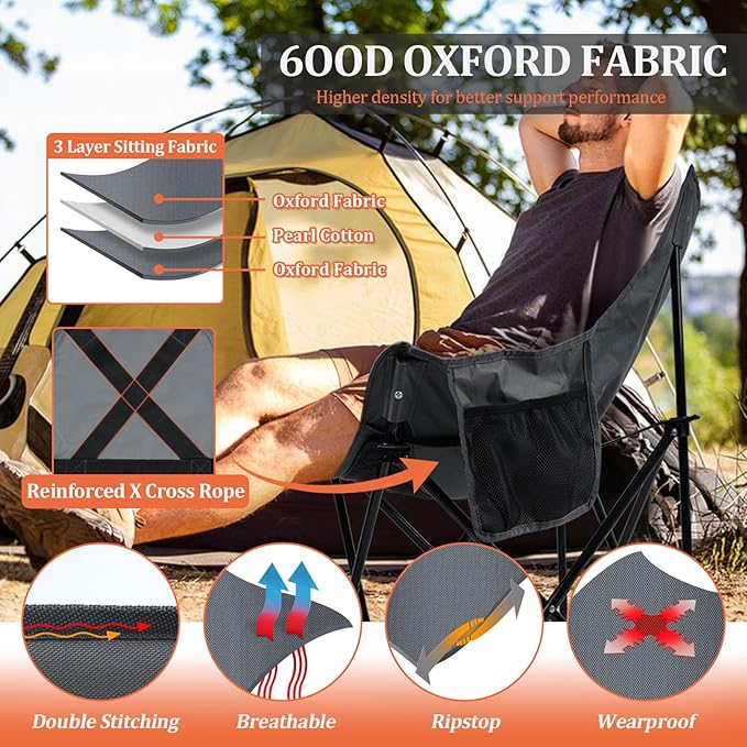 Joyfair Outdoor Camping Chair for Adult, Large Portable Folding Moon Chairs with Carry Bag for Patio Beach, Fishing, Lawn and More Outdoor Sports, 600D Oxford Fabric & Heavy Duty Steel (1, Grey)