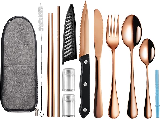 Logcow Travel Utensils Set with Case, 10-Piece Reusable Stainless Steel Camping Cutlery, Portable Fork Spoon Knife Chopsticks & Straw for Work, Lunch, Picnic (Rose Gold)