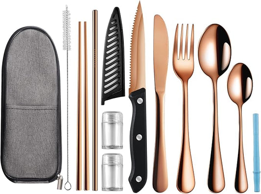 Logcow Travel Utensils Set with Case, 10-Piece Reusable Stainless Steel Camping Cutlery, Portable Fork Spoon Knife Chopsticks & Straw for Work, Lunch, Picnic (Rose Gold)