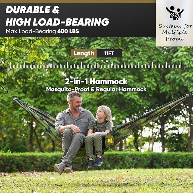 Camping Hammock with Mosquito Net, 600 lbs Portable Hammock with Tree Straps,2-in-1 Double/Single Travel hammocks Tent for Outside/Indoor/Backpacking/Beach-Plaid Camouflage