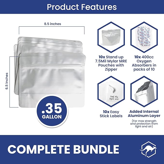 Wallaby 300cc Oxygen Absorbers - 100 Count (10x Packs of 10) + MRE Meal Prep Mylar Bag Bundle - 10x (7.5 Mil - 6.5" x 8.5’’) Stand-Up Zipper Pouches