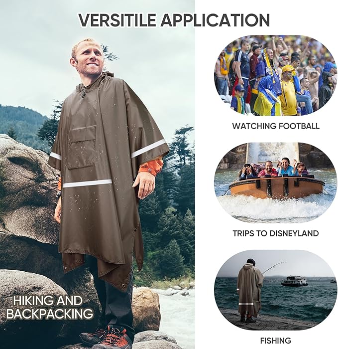 PTEROMY 3-in-1 Hooded Rain Poncho for Adult with Pocket, Waterproof Lightweight Unisex Raincoat for Hiking Camping Emergency