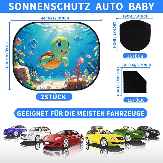 JUNEBRUSH Car Window Shades - 2 Pack, 17.6 x 14.4 inches, UV Protection, Ocean Animal Designs