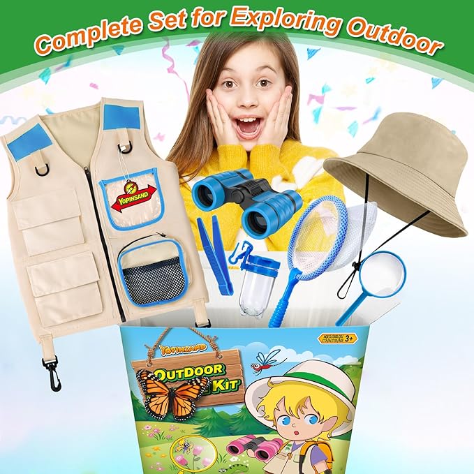 YOPINSAND Kids Explorer Kit & Bug Catcher Kit, Kids Camping Gear for Kids, Outdoor Exploration Set with Vest & Hat, Ideal Outdoor Camping Adventure Toys for Ages 3 4 5 6 7 8 Boys Girls