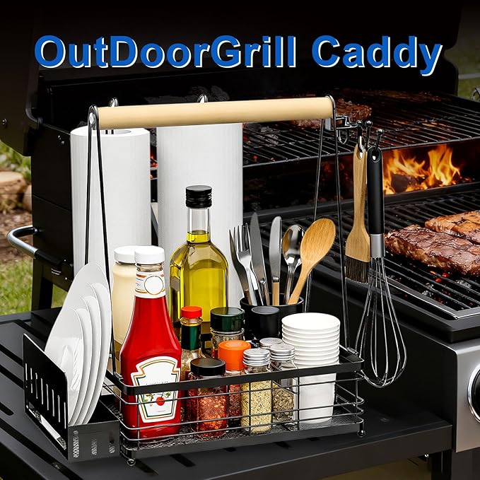 Grill Caddy with Plate Holder and 2Paper Towel Holder, Picnic BBQ Condiment Utensil Organizer Caddy for Outdoor Cooking, RV, Camping Essential, Camper Must Haves, Grilling Gifts for Men