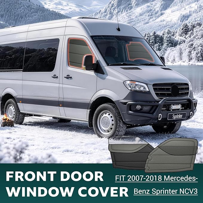 Extra-Thick Front Door Window Covers(Pair) for Mercedes-Benz Sprinter 2007-2018 NCV3, Magnetic Insulated Blackout Sunshade, XPE Foam & Thinsulate Cotton, with Bug Screen, AllSeasonGuard Pro