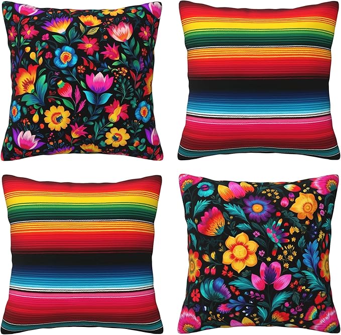 Mexico Flowers Throw Pillow Covers 18 X 18 Inch Set of 4 Decorative Cushion Cover Home Decor for Sofa Chair Couch Bedroom Living Room