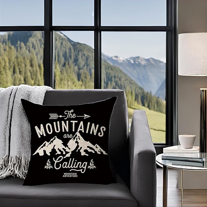 The Mountains are Calling Adventure Arrow Campfire Outdoor Adventure Mountain Forest Trees Throw Pillow Cover Cushion Case Cotton Linen Material Decorative 18X18 inches