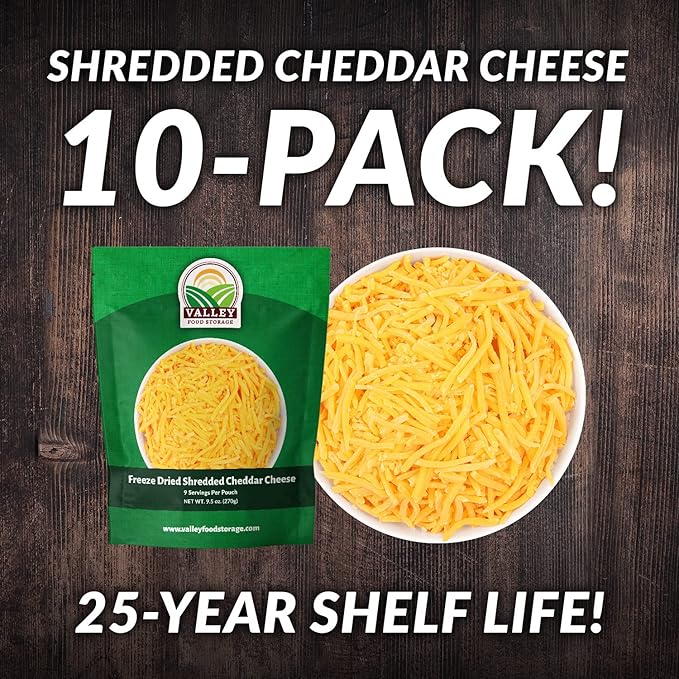 Valley Food Storage Freeze Dried Shredded Cheddar Cheese | 10-Bag Bucket, 95 oz | Premium Emergency Food Supply, 25 Year Shelf Life | Non-GMO Prepper Food for Cooking, Camping & Long-Term Storage