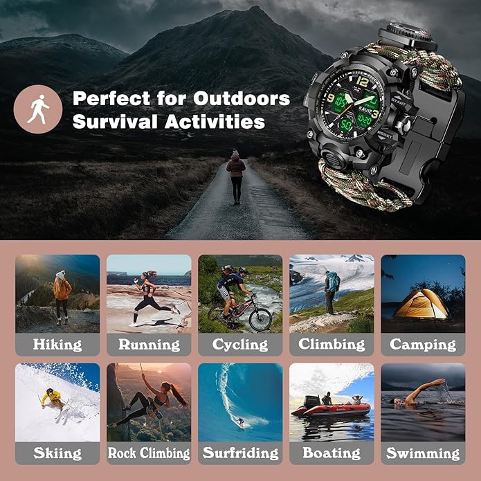Mens Tactical Military Digital Watch, 23-in-1 Survival Multi-Functional Army Outdoors Waterproof Camouflage Sports Watches Dual Display Analog LED Electronic Wristwatches with Compass Paracord Band