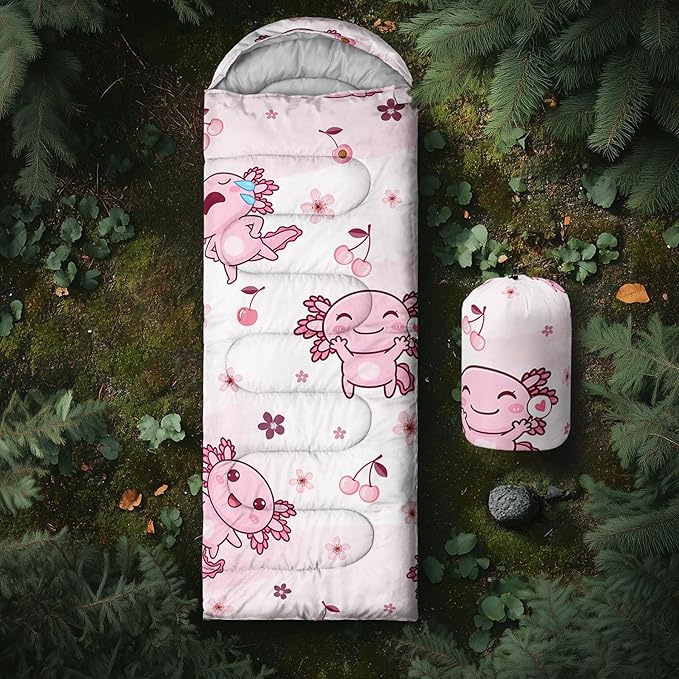 QOOMO Axolotl Cute Camping Sleeping Bags,3 Season Warm & Cool Weather,Lightweight,Waterproof Sleeping Bags for Adults & Kids,Traveling,and Outdoors