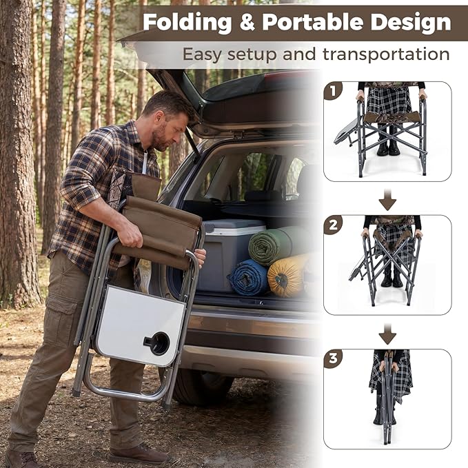 COSTWAY Folding Camping Chair, Lightweight Portable Directors Chair w/Side Table & Cup Holder, Padded Outdoor Heavy Duty Lawn Chair for Fishing, Picnic, Sports, Beach, Max Load 400 lbs (Camouflage,1)
