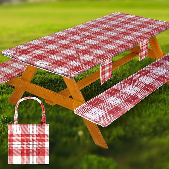 Fitted Picnic Table Cover with Bench Covers Waterproof Elastic Edges Rectangle Patio Tablecloth Outdoor Camping Essentials Stuff Rv Accessories Summer Trip Travel Camper Gifts for Woman Men, 96in 8 ft