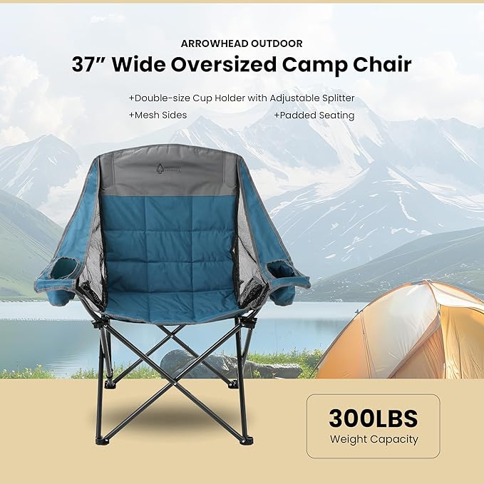 ARROWHEAD OUTDOOR 2-Pack Oversized Folding Camp Chair w/Adjustable Double Sized Cup Holder, Mesh Sides, Inner Pockets, Carry Bag, 300 LBS Weight Capacity
