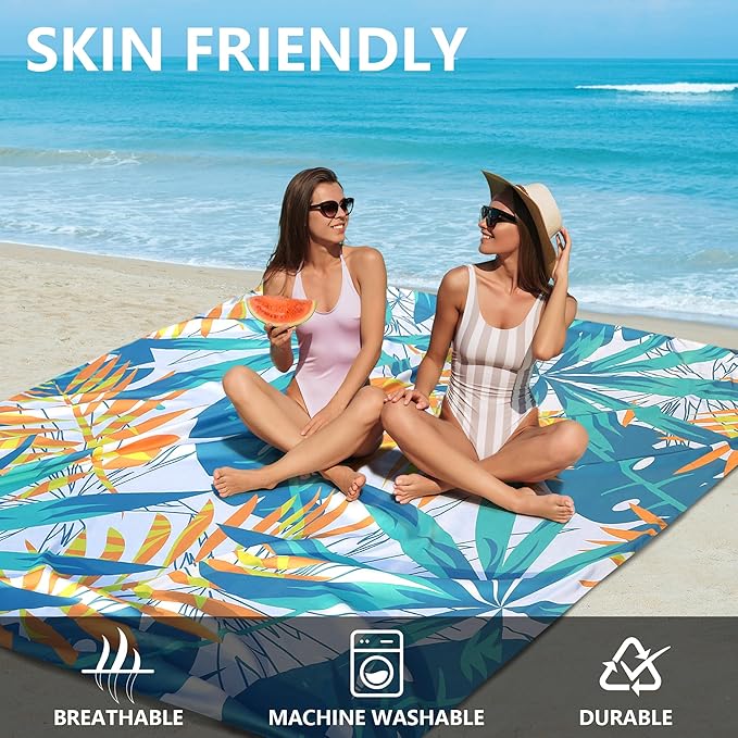 HIHOHO Beach Blanket Waterproof Sandproof Beach Mat for 1-8 Adults Quick Drying Durable Outdoor Picnic Mat for Beach Festival Travel Camping Hiking (W&GN&Y-Palm, 79"×83"(4 Person))