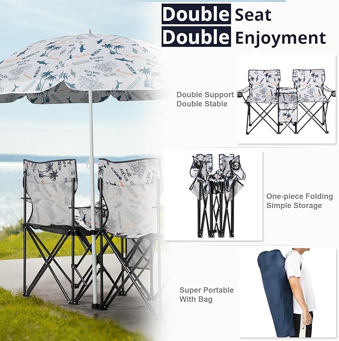 Outvita Folding Double Camping Chair w/Umbrella Beverage Holder Carrying Bag Cooler Fold Up Table, Large Bearing Capacity for Beach Patio Pool Park Outdoor Shark Pattern