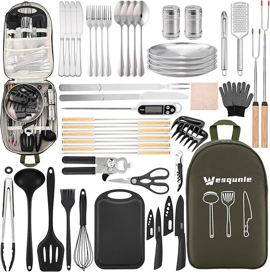Camping Essentials Cookware Cooking Utensils Set - Portable Camp Kitchen Mess Kit Outdoor Accessories, Stainless Steel & Silicone, Camping Gear Equipment for RV Picnic Grill, Green Pro