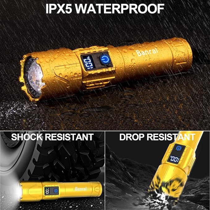 Banral Rechargeable Flashlights High Lumens - Super Bright LED Tactical Flash Light, Powerful Waterproof Handheld USB C Flashlight for Camping,Emergencies,Home,5 Modes,Zoomable (2, Gold)