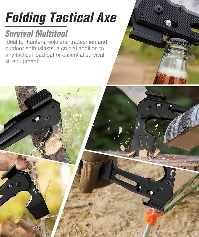 HX OUTDOORS Folding Hatchet Axe Survival Multitool, DC53 Steel Blade with Black Titanium, Camping Hatchet with Hammer, G10 Handle for Outdoor Gear,Various Tactical and Survival(Black)