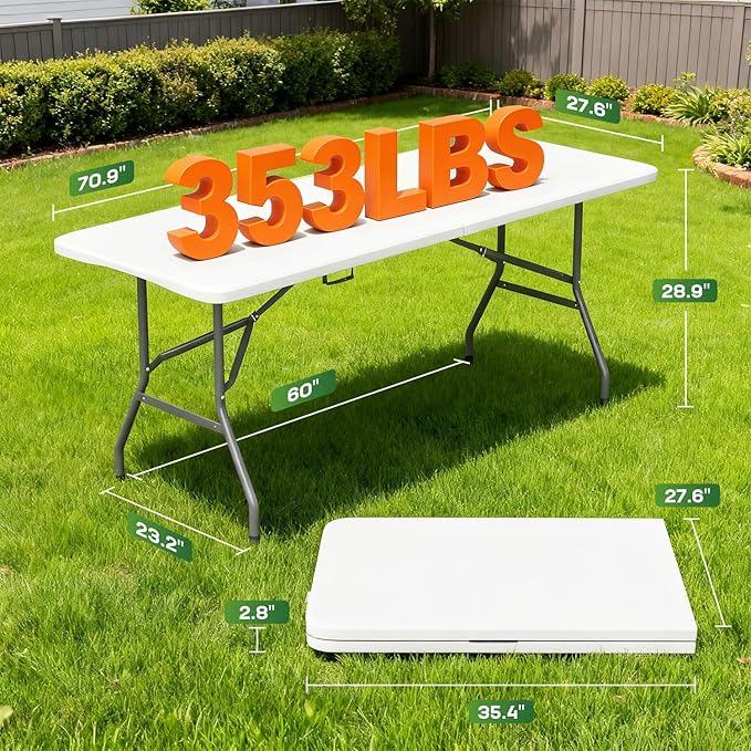 FDW 6 Foot Folding Table, Portable Plastic Table with Carrying Handle Perfect for Indoor, Outdoor, Party, Dining, Wedding, Events, Camping, White