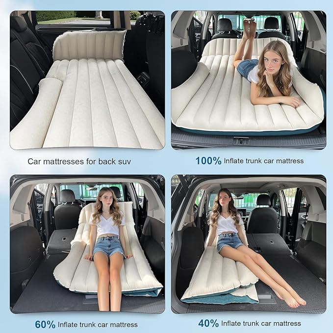 Ciremiv SUV Air Mattress with Double-Sided-Thick Flocked,Car Mattress with Pillow & Pump,Leakproof Durable Car Air Mattress,for Auto Camping, Road Trip,Double-Sided Flocking(Blue and White)