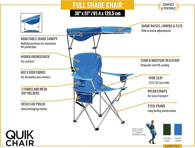 Quik Shade Full Size Shade Folding Chair for Camping, Polyester, Arm Rest|Foldable, Royal Blue, 2'L x 3'W x 4.3'H (160048DS)