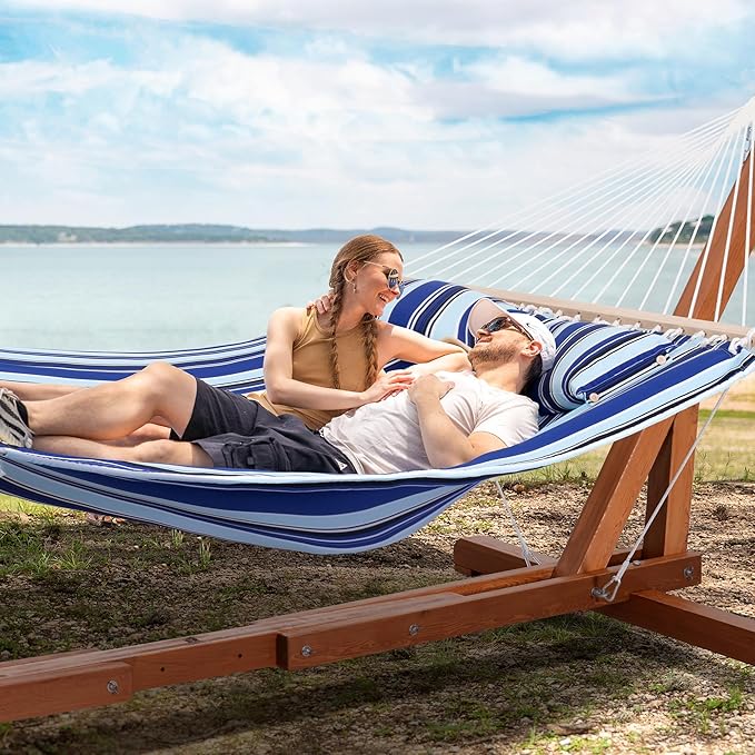 SUNCREAT Two Person Hammock with Stand Included Heavy Duty, Free Standing Hammocks Outdoors for 2 Person, Max 475lbs Capacity, Blue Stripes