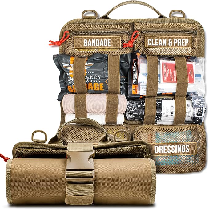EVERLIT Roll Up Trauma First Aid Kit with CAT Tourniquet-Tactical IFAK Emergency Medical Kit for Outdoor, Vehicle & Home Preparedness-Quick Release Molle Bag for First Responders (Coyote Brown)