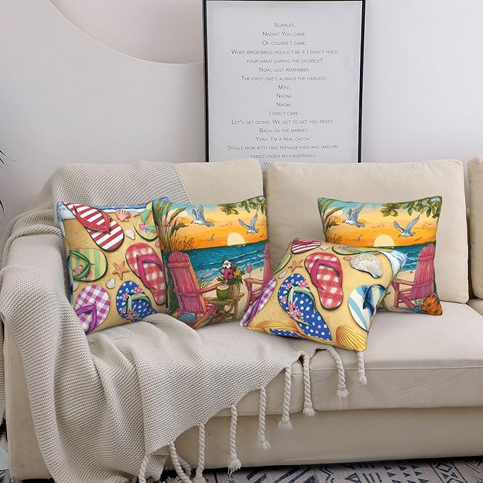 Summer Coastal Throw Pillow Covers 18 X 18 Inch Set of 4 Decorative Cushion Cover Home Decor for Sofa Chair Couch Bedroom Living Room
