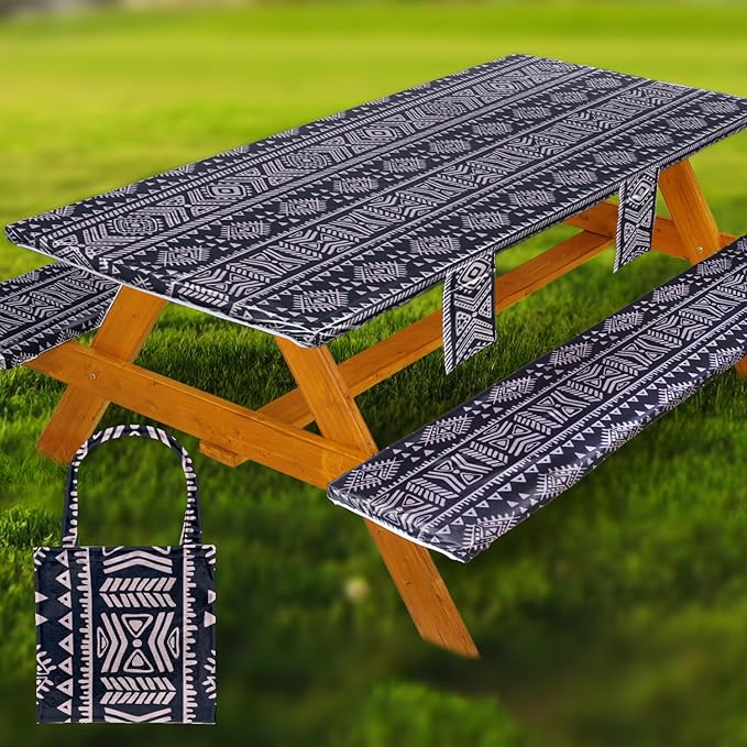 Picnic Table Cover with Bench Covers Vinyl Elastic Edges Fitted Rectangle Seat Tables Waterproof 3-Piece96X30in Set Outdoor Rectangular Folding Backing Tablecloth for Camping Over Size