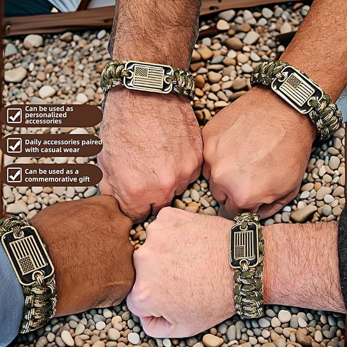Patriotic Paracord Survival Bracelet for Men - Bronze US Flag Pendant Tactical Gear with Multi-Tool Functions, Adjustable Size (12-25cm), Green Camo Gold Thread Design