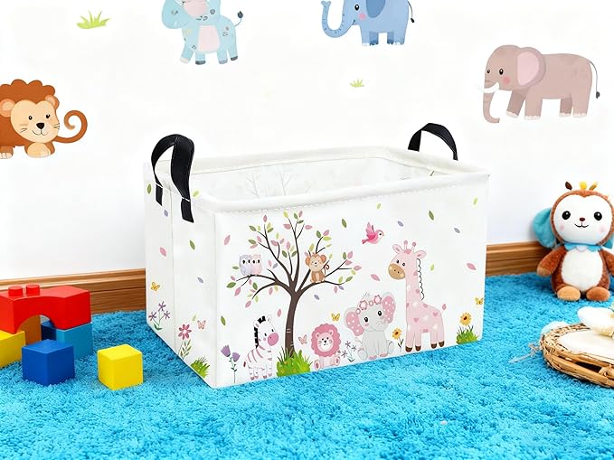 Essme Rectangular Animal Baskets,Pink Storage Basket with Handles for Girls Room Decor,Cute Storage Bin（Pink animal）
