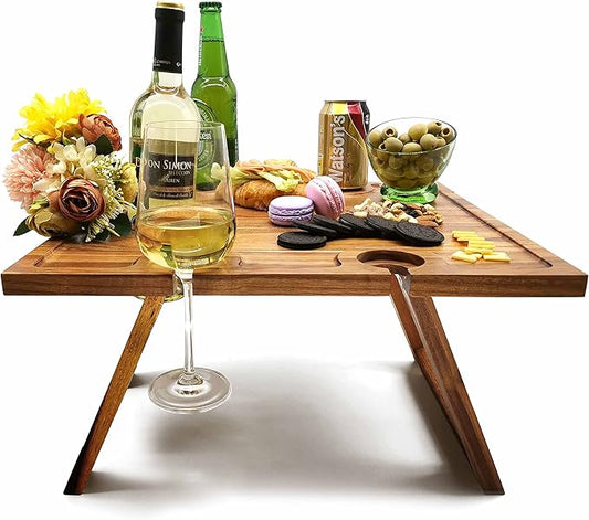 SASIDO Portable Wine Picnic Table, Acacia Wood, Larger Tray Foldable, Charcuterie Board, Wine Gift, Decor for Romantic Camping, Engagement Party, Concerts, Glamping, Winter Adventure