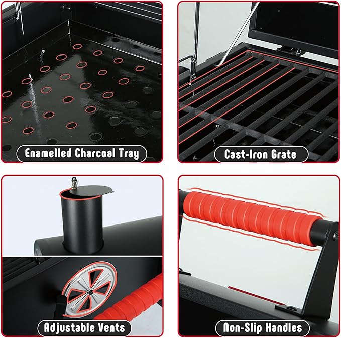 Feasto Portable Charcoal BBQ Grills with Cast Iron Grates, Tabletop Charcoal Grills with 354 Sq. In Cooking Area, for Outdoor Camping and Picnic, Black, L26.8’’x W20’’x H21.3’’