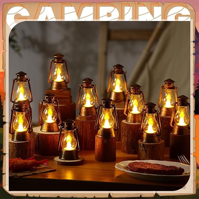 Ferraycle 12 Pcs Mini Lantern for Centerpiece Western Wedding Decor 4 Inch Camping Decorative with LED Candle Vintage Hanging Lantern Ornaments Bulk for Cowboy Cowgirl Xmas Party Decoration (Bronze)