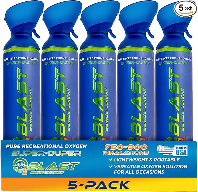 O2 Blast - Portable Oxygen Can, Filled with 99.99% Pure Oxygen in a Can with Breathing Mask for Sports, Travel, and High Altitude Use | On-the-Go Air Support for Hiking and Outdoors – 10L, 5-Pack